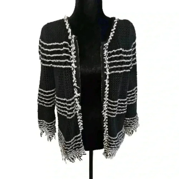 Ann Taylor Womens Black And White Frayed Knit Zip Up Sweater M - Picture 6 of 12